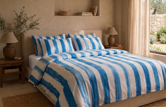 Juego de cama de algodón · Pinceladas Levante — trazos azules (3 piezas)