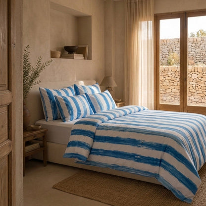 Juego de cama de algodón · Pinceladas Levante — trazos azules (3 piezas)