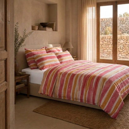 Juego de cama de algodón · Pinceladas Poniente — rosa y ocre (3 piezas)