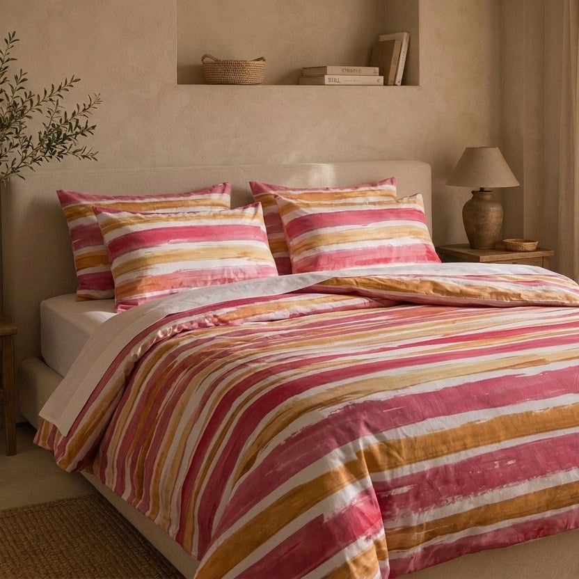 Juego de cama de algodón · Pinceladas Poniente — rosa y ocre (3 piezas)