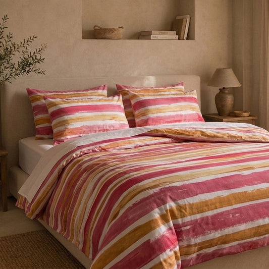 Juego de cama de algodón · Pinceladas Poniente — rosa y ocre (3 piezas)