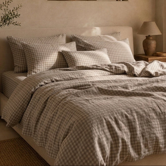 Juego de cama de lino · Vichy — cuadros beige y blanco (3 piezas)